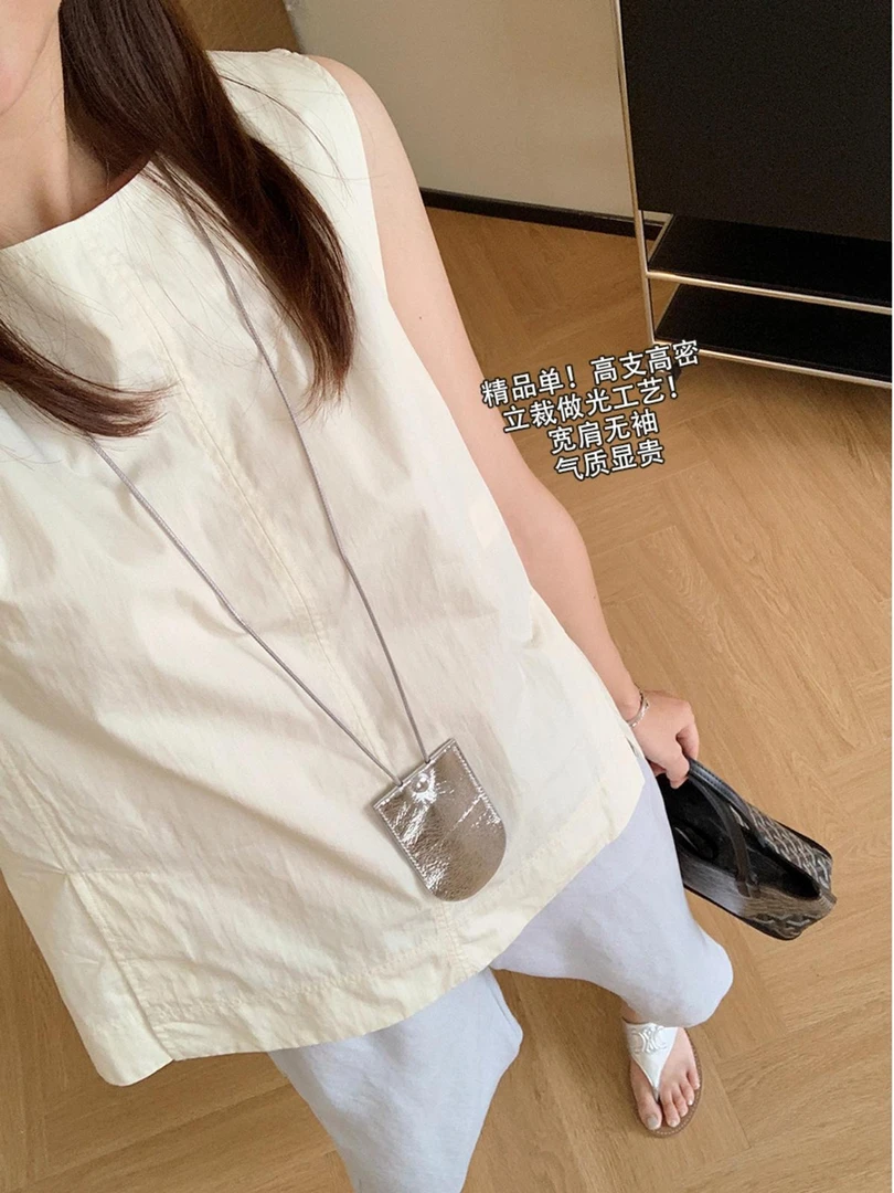 大叮自制清仓！法式高支高密圆领宽肩无袖背心衬衣小衫！S5177