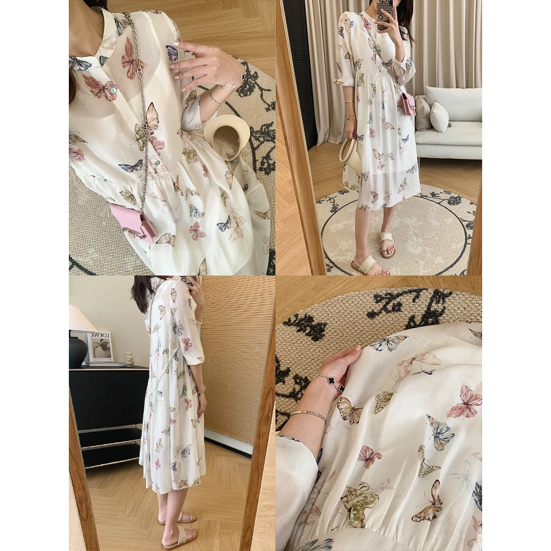 大叮自制清仓【彩蝶翩翩】自制蝴蝶印花轻盈飘逸连衣裙！L644
