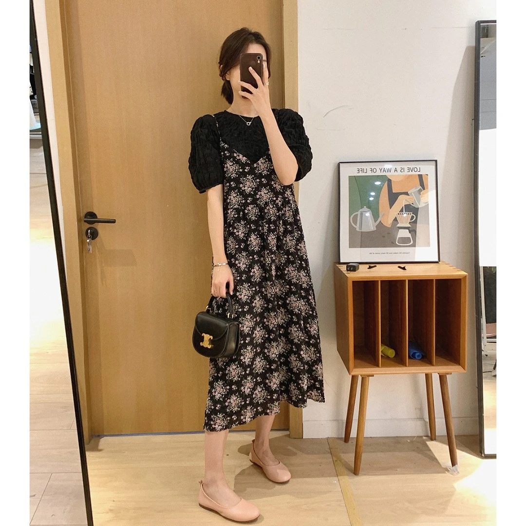 大叮自制 清仓！可调节细带压褶印花时尚气质连衣裙 L537