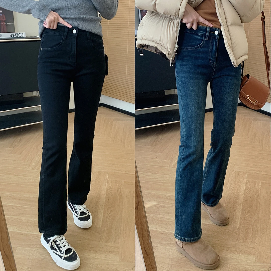 大叮自制 新一代裤后！冬季一体绒加厚显瘦高腰微喇牛仔裤 K1503