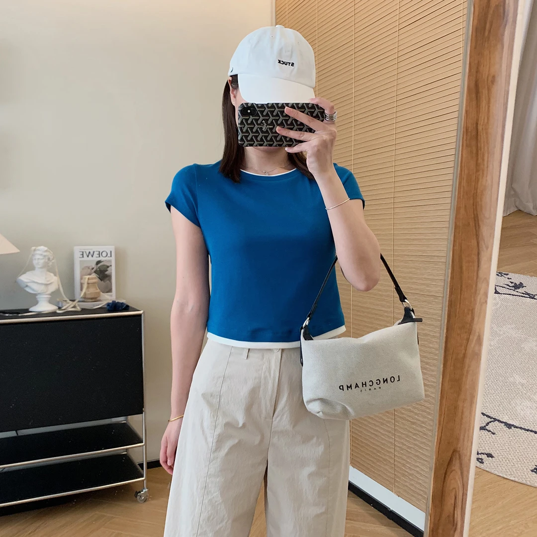 大叮自制【反季福利款】软糯撞色假两件百搭显瘦正肩短袖T恤！S5053