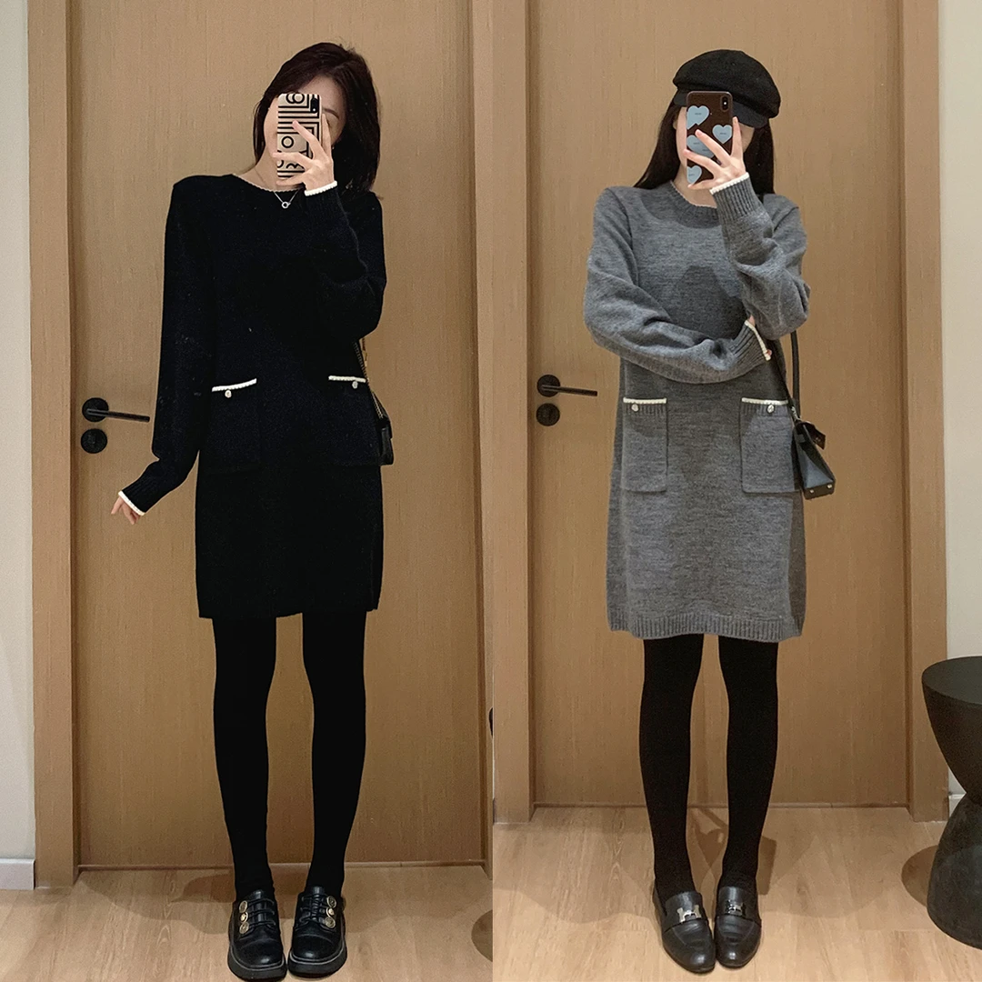 大叮自制 清仓 28支丝光羊毛小香直筒中长款针织连衣裙 L634