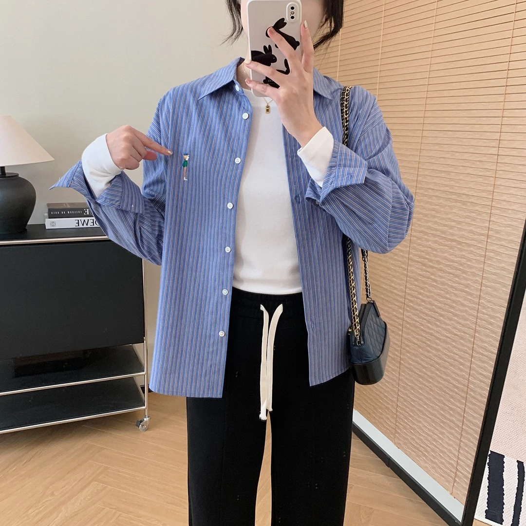 大叮自制 清仓！卡通色织条纹刺绣宽松翻领衬衫 S4352