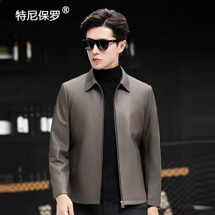 2024海宁春秋新款真皮绵羊皮衣男士商务休闲皮夹克简约翻领薄款潮