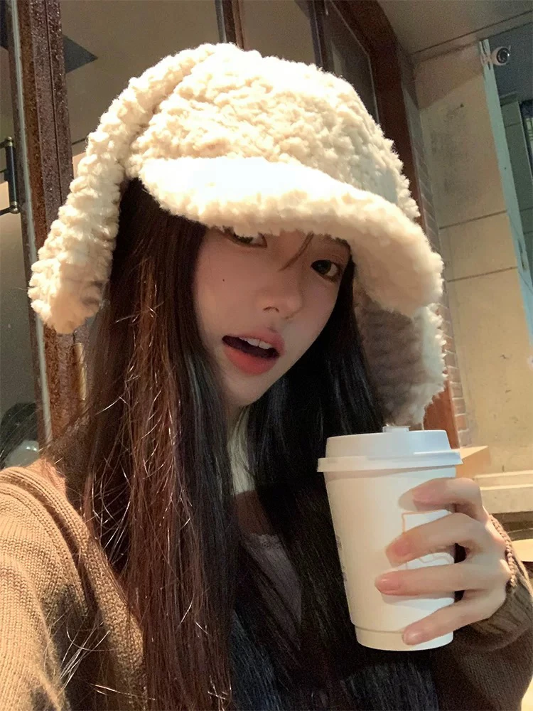 甜美可爱狗大耳朵毛绒绒棒球帽女秋冬季加厚羊羔毛保暖鸭舌帽子男