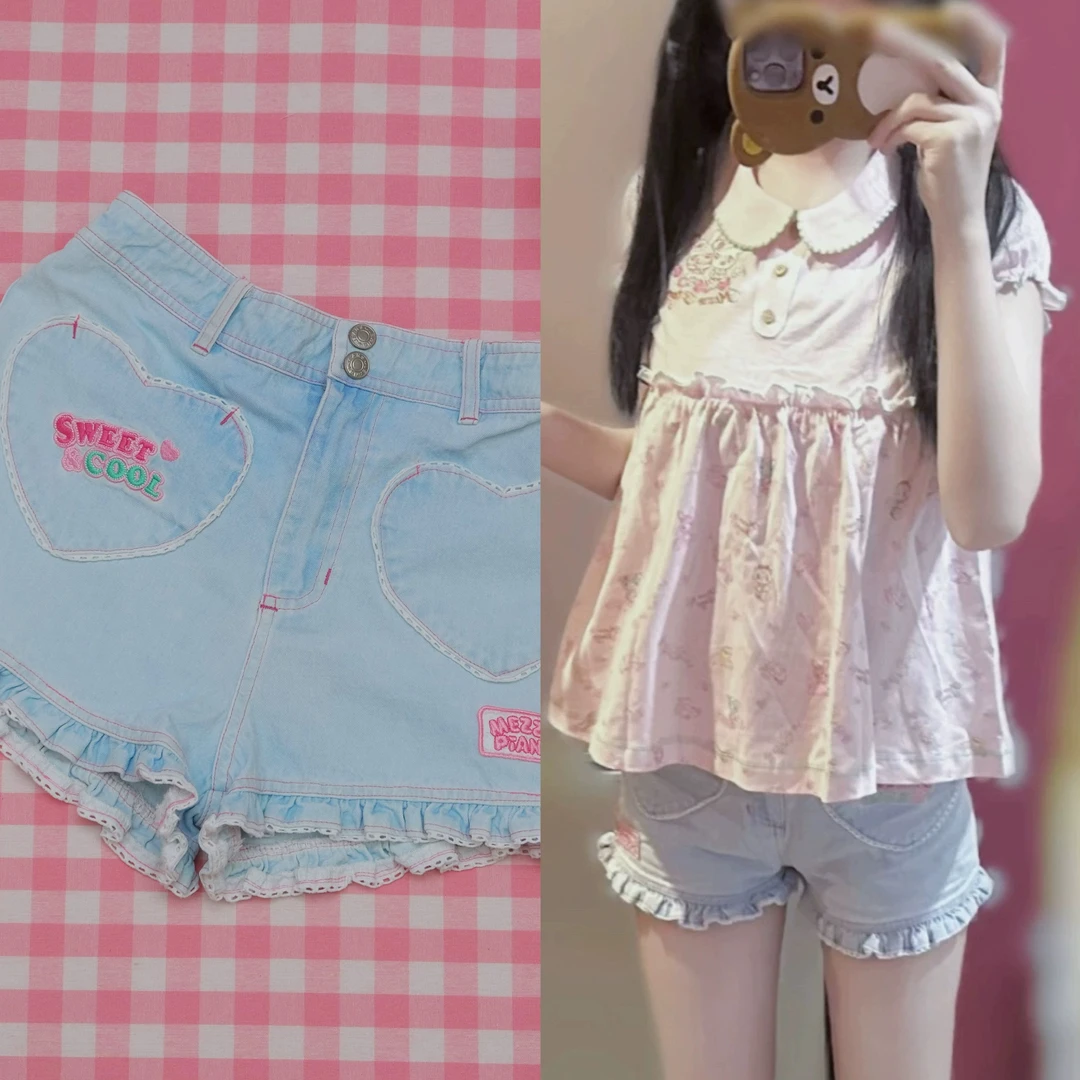 呐咔呐咿可爱童趣荷叶边牛仔短裤女甜妹穿搭百搭y2k多巴胺软妹服