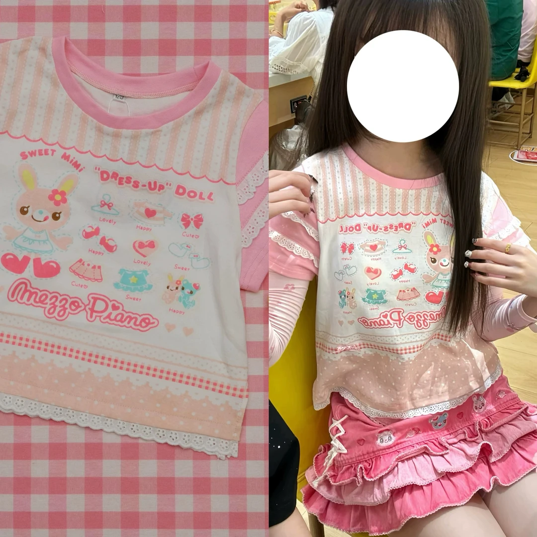 日系y2k可爱粉色花边软妹风少女萝莉亚文化短袖纯棉呐咔呐咿甜辣