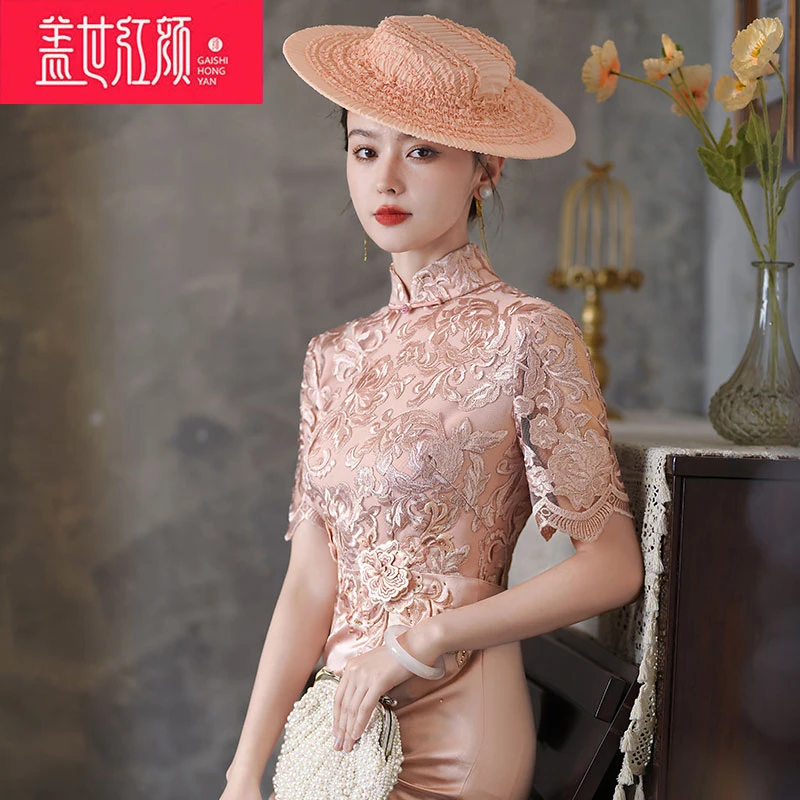 9202延如丨盖世红颜丨高端醋酸气质新款刺绣旗袍短袖宴会日常