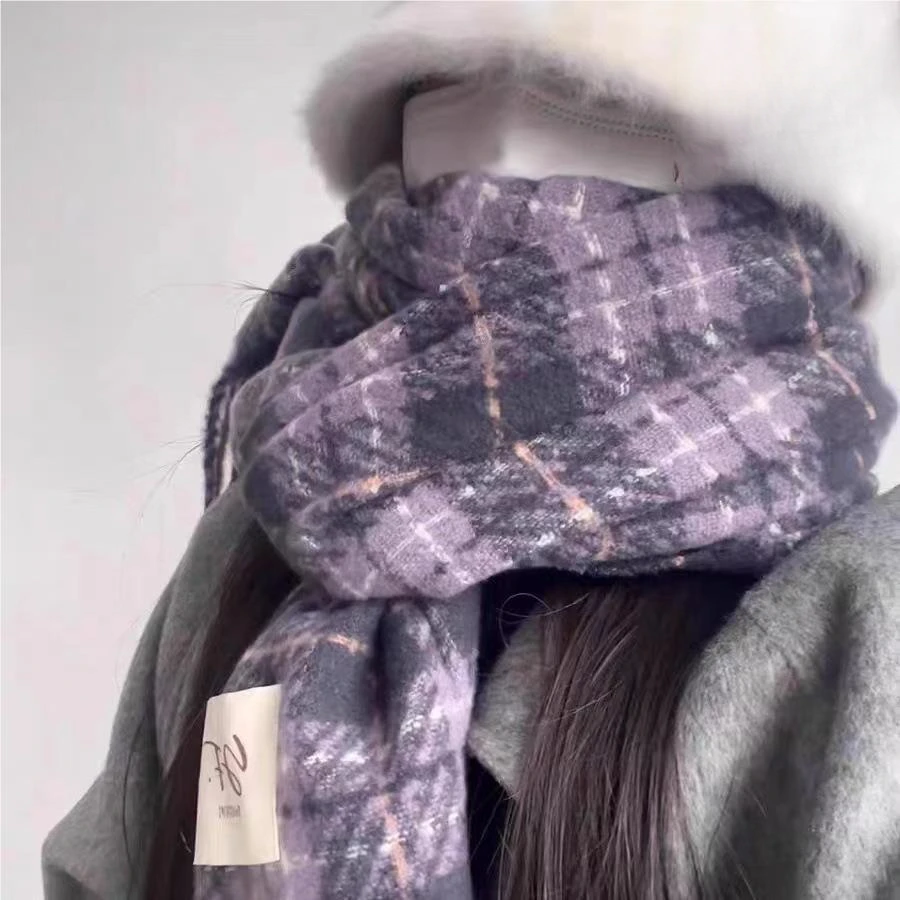 紫色围巾秋冬季香芋紫高级感女韩版百搭格子披肩软糯复古保暖围脖