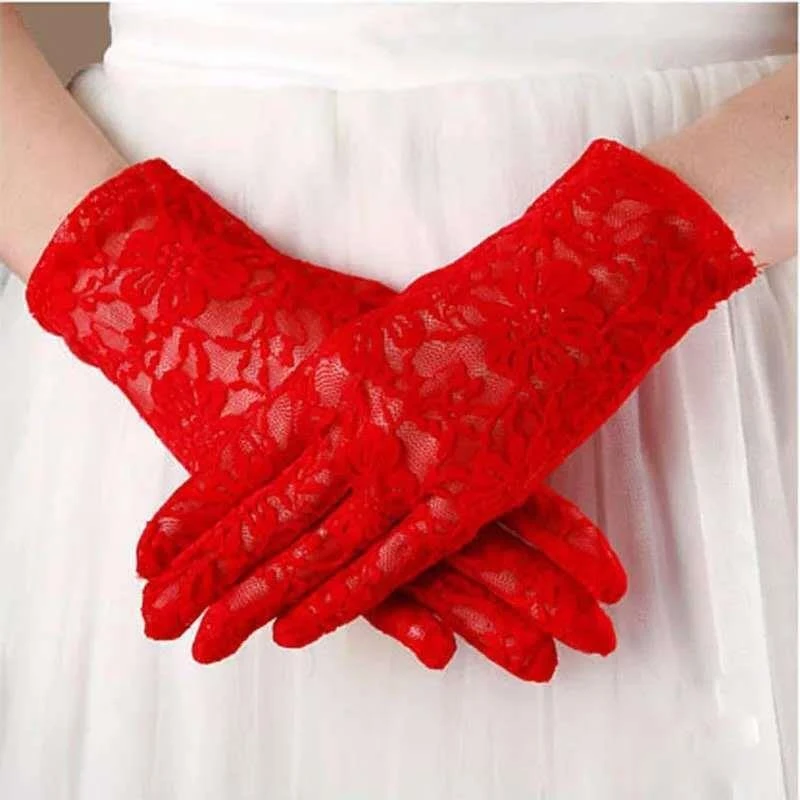 红色蕾丝手套女本命年新娘结婚专用过年戴的舞蹈演出全指薄款短款