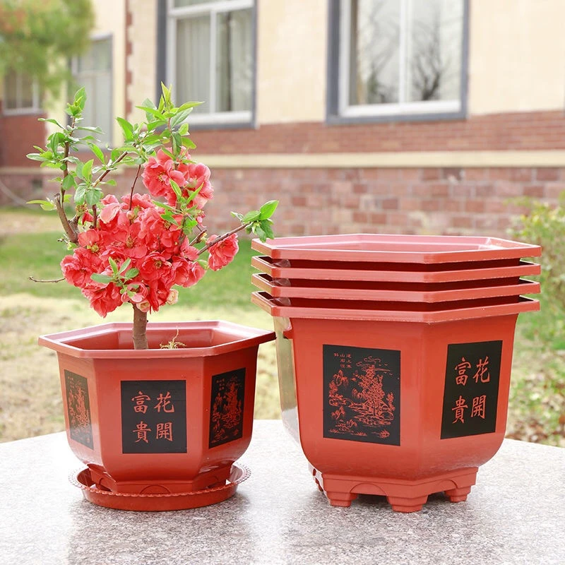 中国风仿陶瓷六角花盆加厚树脂盆景盆栽梅花海棠塑料花盆