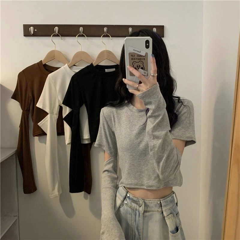 ins超火短款辣妹上衣女春秋季设计感小众内搭拼接长袖T恤打底衫潮
