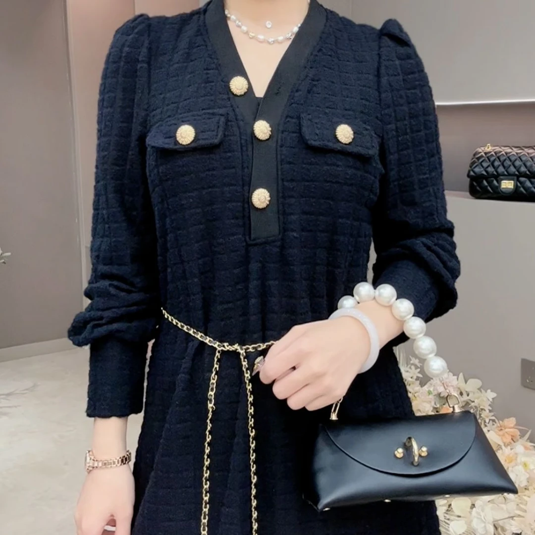 3589-1 初冬2023爆款轻奢风浪漫雨定制腰带款小香风气质连衣裙