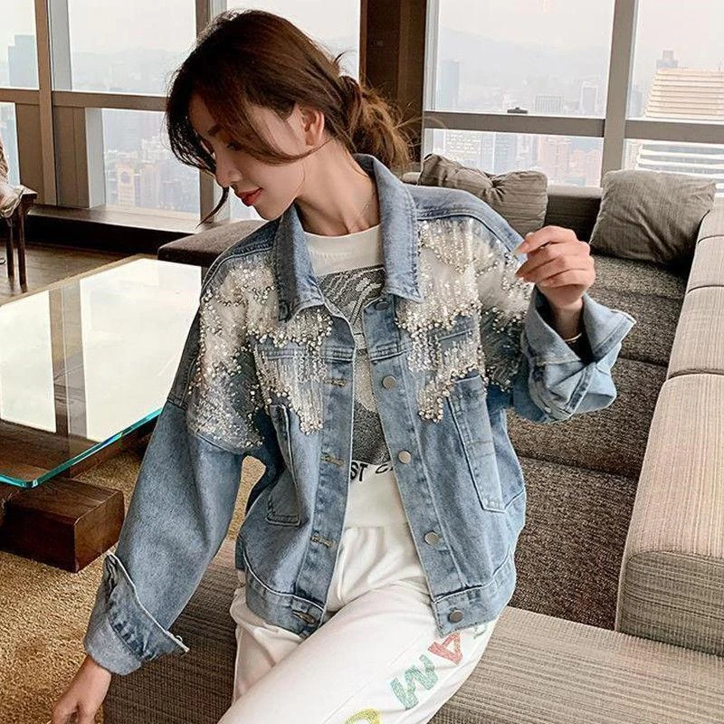 网纱拼接重工牛仔外套女春秋季2025新款韩版宽松短款镶钻上衣夹克