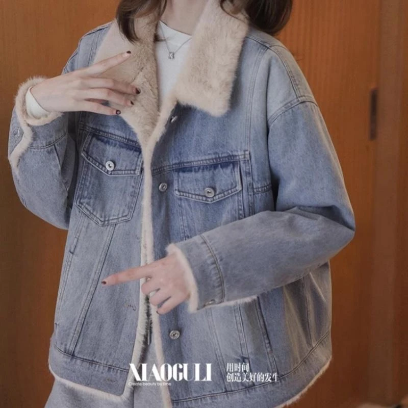 加绒加厚牛仔外套女2025秋冬季新款韩版宽松休闲小个子复古棉衣服