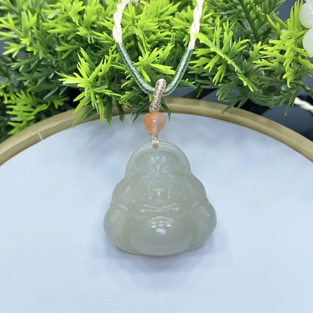 天然和田玉烟紫佛公手工雕刻吊坠挂坠  00711