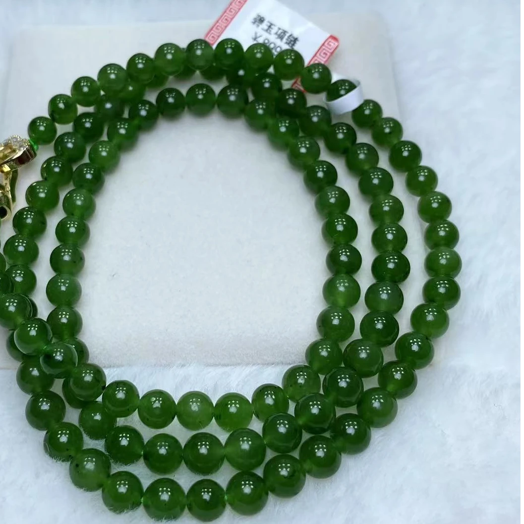 天然和田玉碧玉项链链时尚珠绿色颈链毛衣链              00515