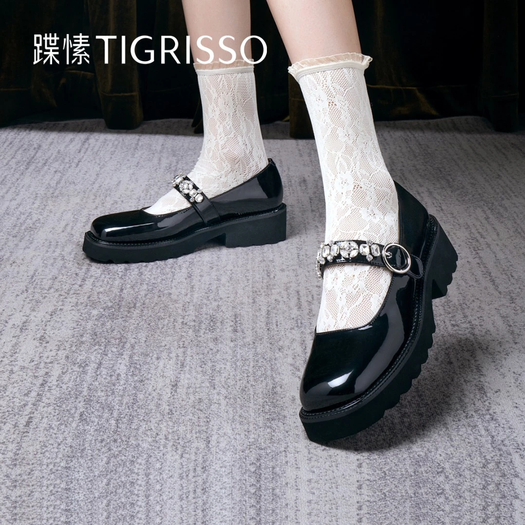 蹀愫水钻厚底JK漆皮方头复古玛丽珍皮鞋女鞋TA32516-54