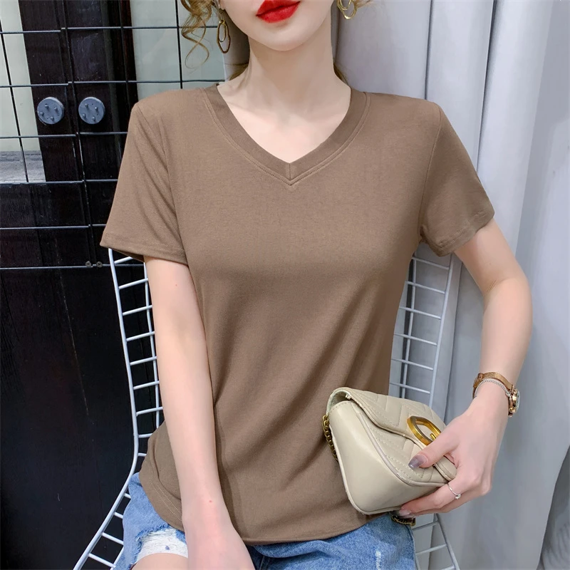 V领短袖T恤女款夏季微宽松遮肉显瘦鸡心领打底衫百搭弧形下摆上衣