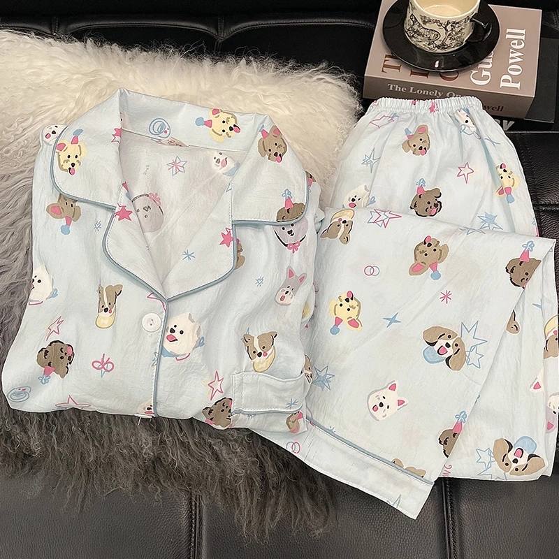 【星星小狗】春秋韩版云朵绵卡通新款长袖可爱小狗睡衣女家居服套装