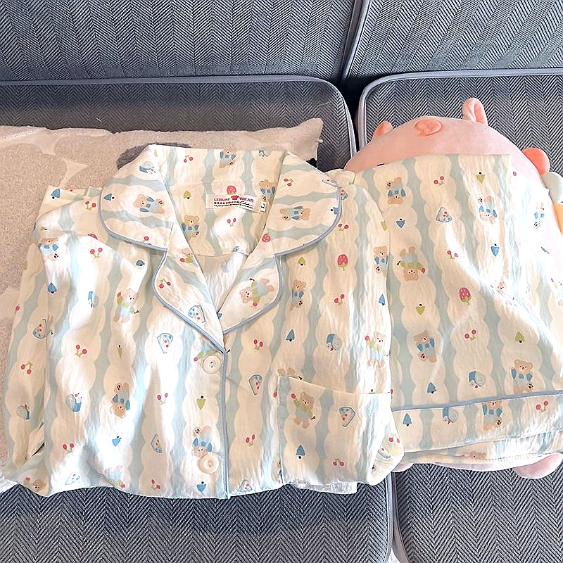 云朵绵夏天短袖短裤长裤三件套可爱小熊透气夏睡衣女套装女家居服