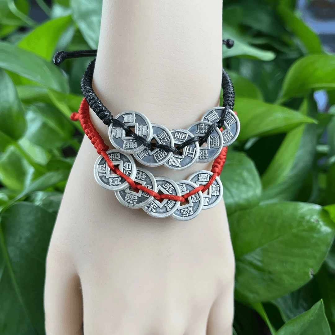 足银手链 [尚古银]足银999手工编织五帝钱复古做旧工艺足银手链