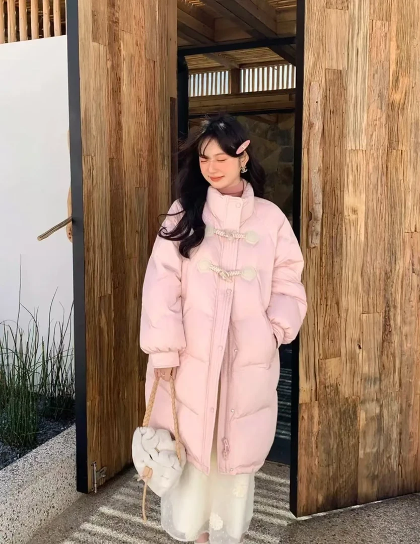 2025冬季牛角扣中长款棉服女小个子保暖加厚外套百搭学生ins