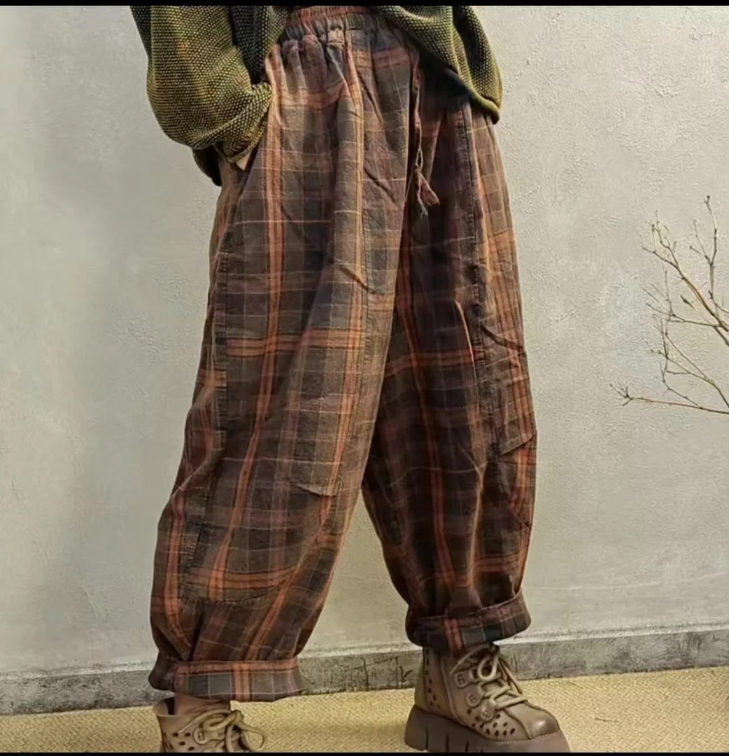 瑞瑞推荐复古炒色老布棉裤冬季加棉格子老爹裤