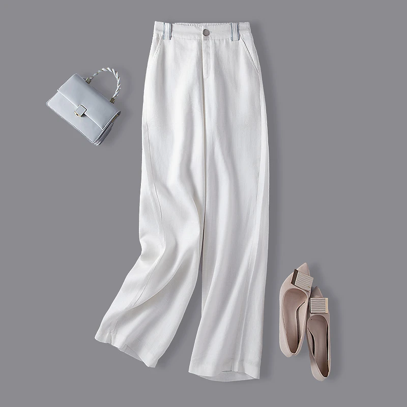 奶牛的梦天丝亚麻休闲女裤人字纹莱赛尔纤维直筒阔腿裤薄款