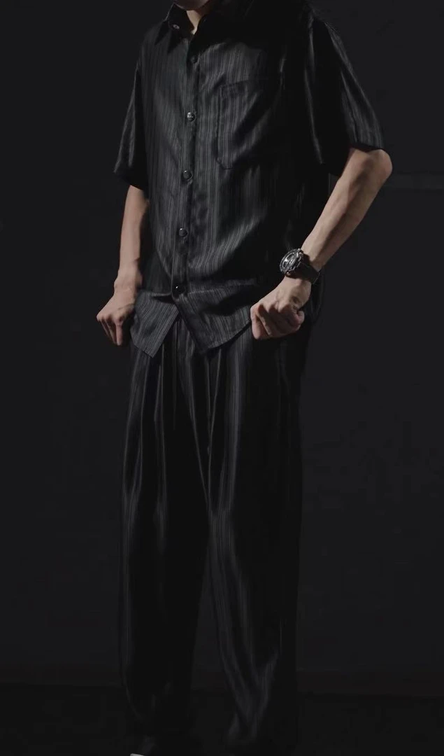 中式春夏男士醋酸时尚翻领宽松简约百搭舒适轻奢休闲衬衫纯色套装