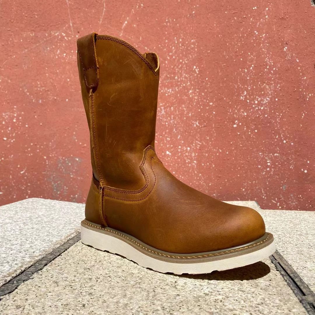 单皮厚牛皮男靴马靴中筒户外圆头棕色休闲