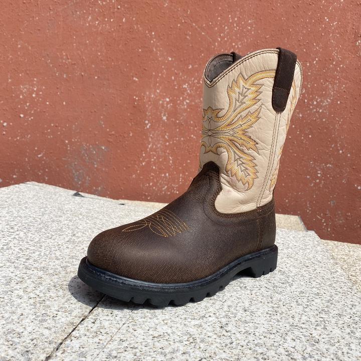 男士复古牛仔靴刺绣西部靴马靴真皮圆头