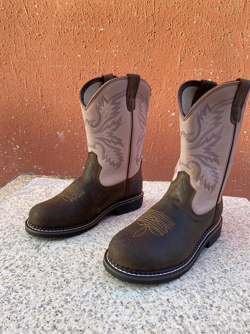 粉色豆豆款刺绣西部靴马靴轻便圆头做旧固特异舒适