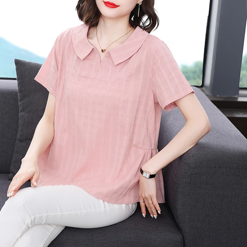 高档纯棉格子衬衫女2024夏季新款娃娃领短袖t恤上衣大码洋气衬衣