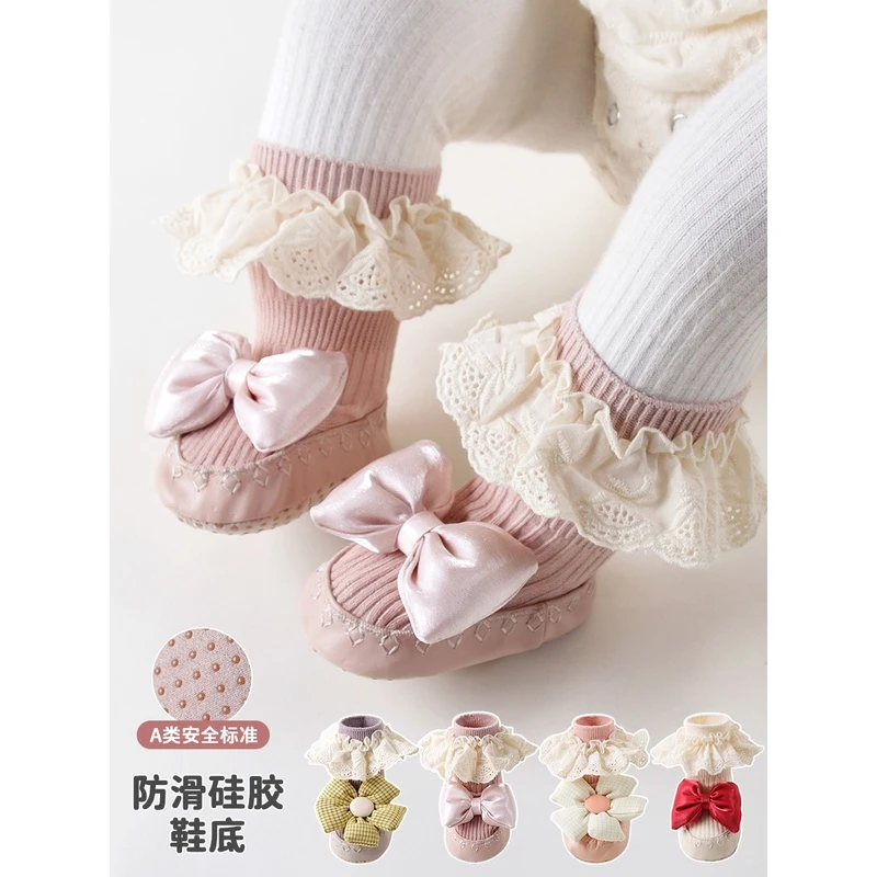 婴儿袜子春秋宝宝中筒地板花边鞋袜公主蝴蝶结学步袜新生儿防滑袜