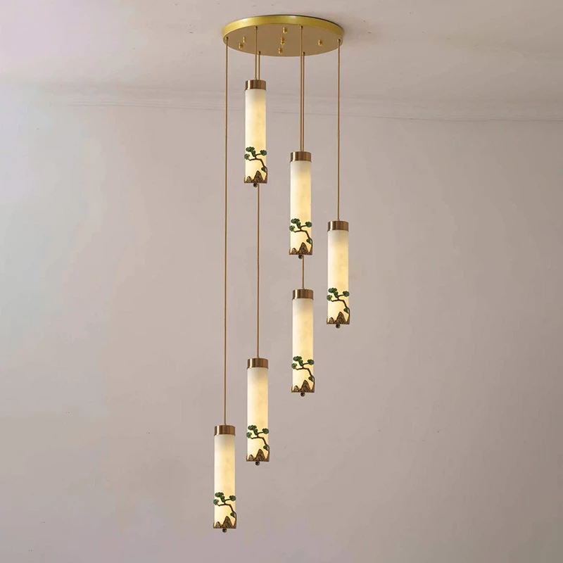 新中式创意楼梯间长吊灯LED装饰青松禅意复式楼别墅餐厅吧台禅意