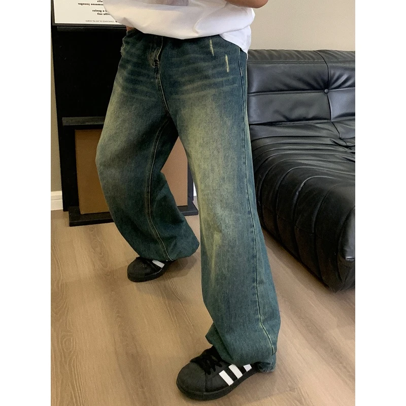 vintage美式潮牌复古水洗牛仔裤男宽松直筒撞色高街百搭休闲裤子