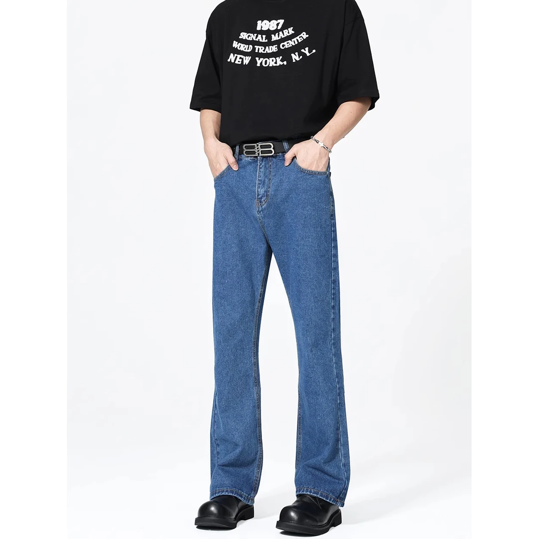 vintage韩版深蓝色微喇牛仔裤男潮流直筒拖地百搭休闲阔腿长裤子