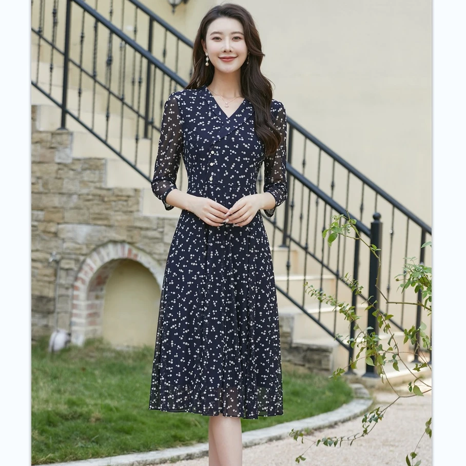 2024夏季妈妈装收腰中长款七分袖台湾纱女装宽松连衣裙8822