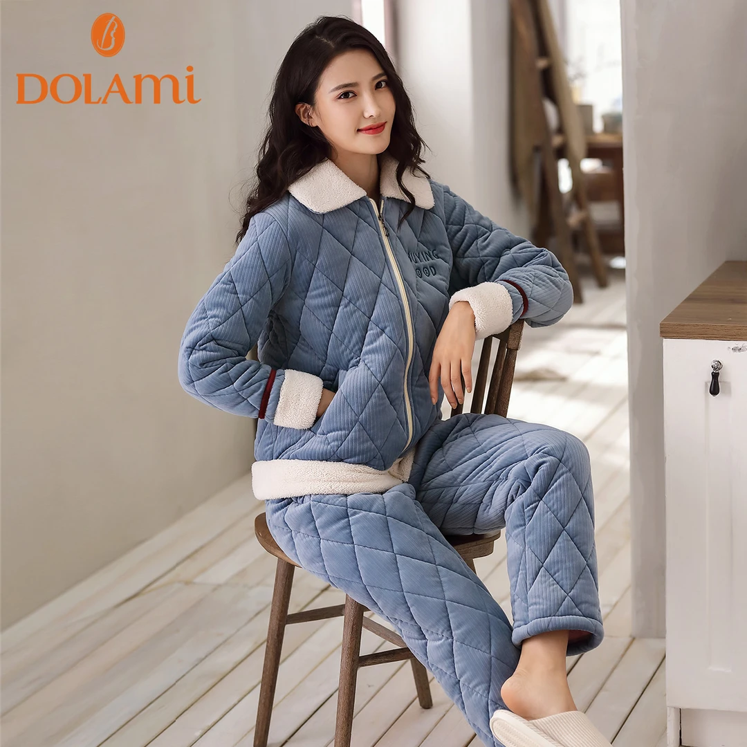 多拉美睡衣女冬季珊瑚绒加厚夹棉保暖贝贝绒拉链家居服套装可外穿