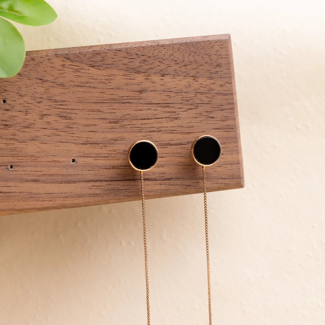 钦点耳饰-天然A货翡翠-18K镶嵌-墨翠圆牌流苏耳钉-aq-钦点镶嵌