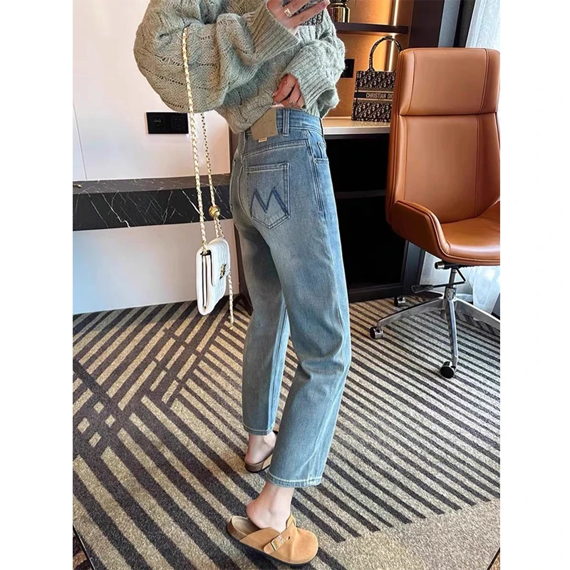 刺绣口袋直筒牛仔裤女2024春夏款大码胖mm高腰显瘦弹力九分烟管裤