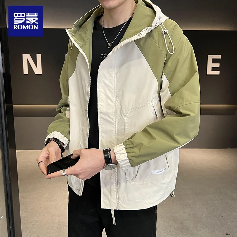 罗蒙秋季新款男士工装休闲连帽夹克外套宽松休闲运动夹克外套男士