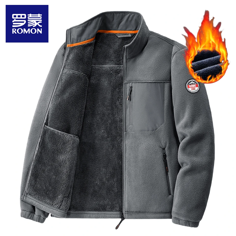罗蒙秋冬季摇粒绒外套新款加绒加厚开衫多口袋休闲高档抓绒衣夹克