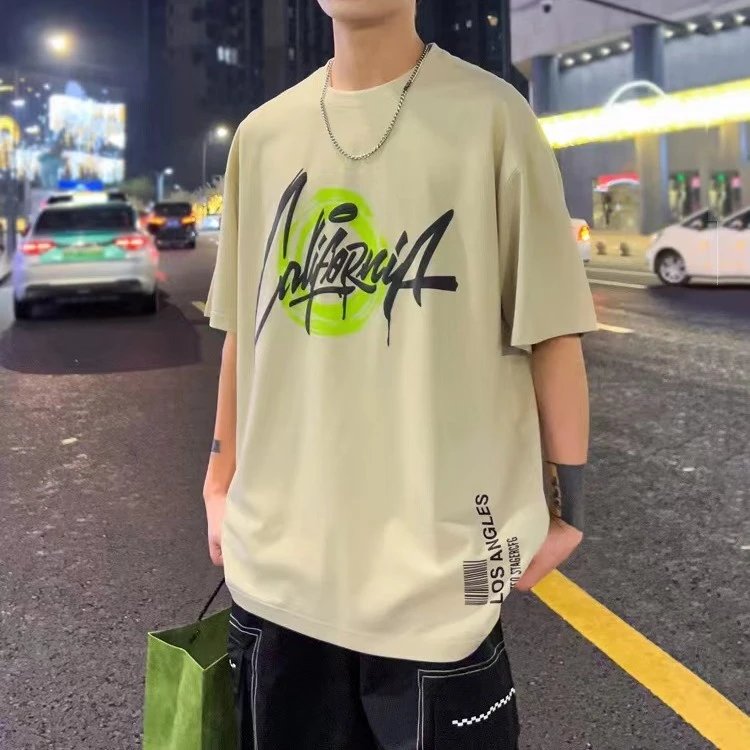 夏款青少年高街潮流荧光绿字母时尚印花宽松T恤半袖圆领百搭上衣