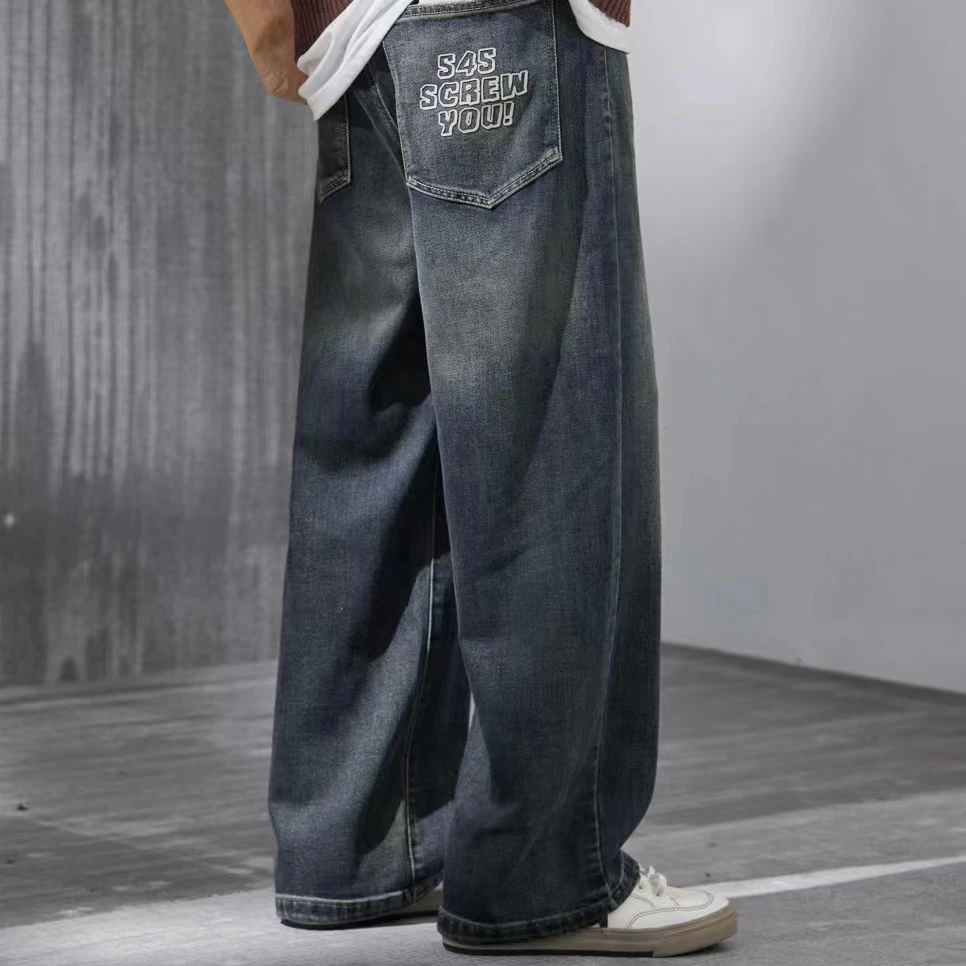 青少年美式宽松直筒牛仔裤复古水洗阔腿休闲裤