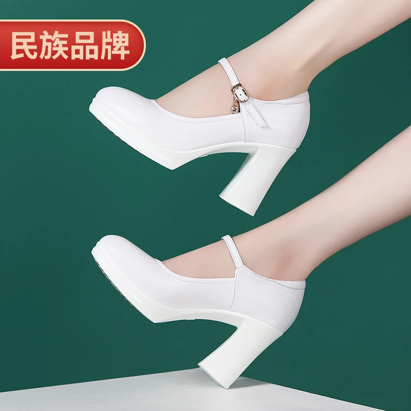 牛筋底模特走秀黑色防水台白色软牛皮粗跟配旗袍秀的专用高跟鞋女