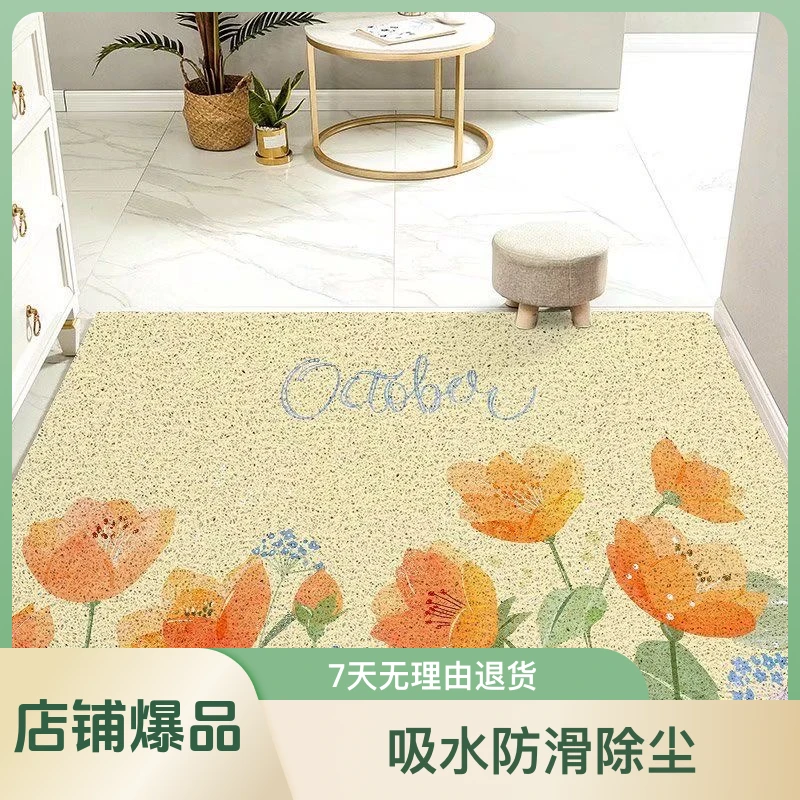 丝圈入户地垫地毯清新田园风手绘艺术感入户门玄关地垫地毯PVC