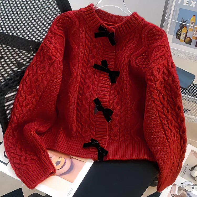 蝴蝶结毛衣外套女秋冬外穿宽松日系慵懒复古麻花韩版甜美减龄开衫