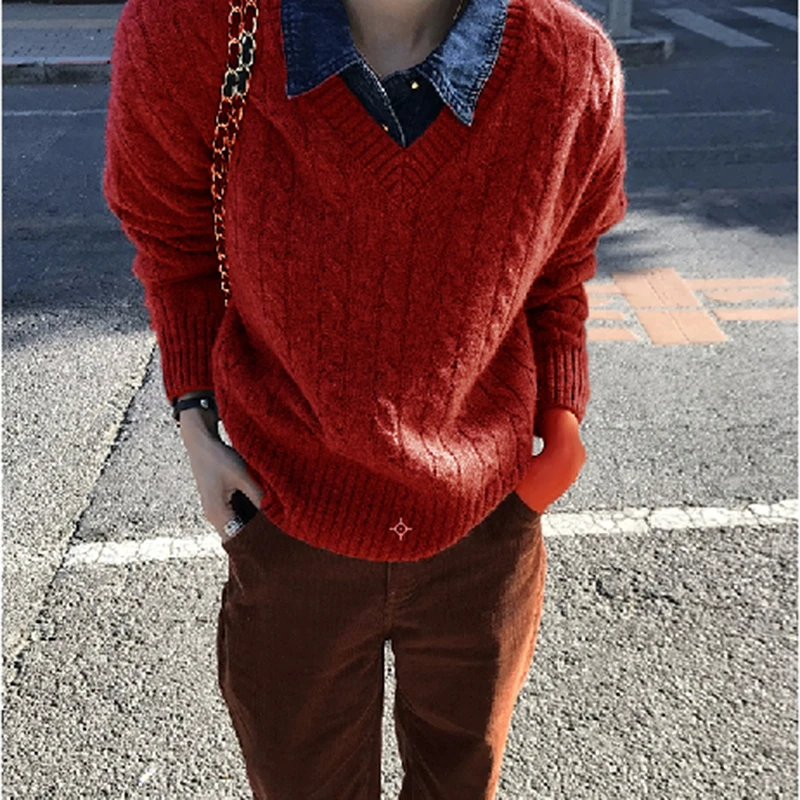 麻花套头V领毛衣女秋冬季2024新款爆款慵懒风软糯加厚针织上衣LL